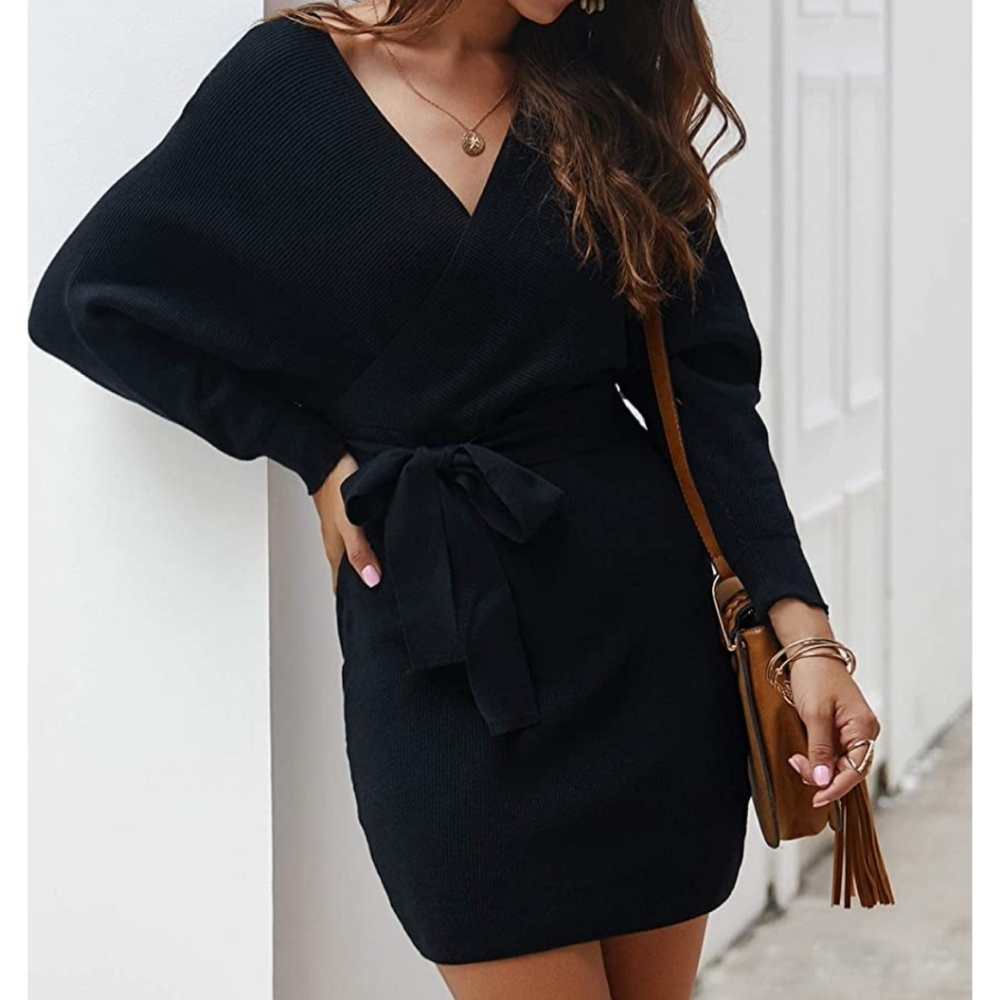 Black Long Sleeve Batwing Wrap Sweater Dress